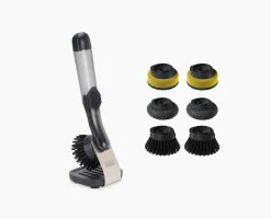 Brosse à Vaisselle et Distributeur de Savon avec Support Inox et 6 Têtes de Rechange