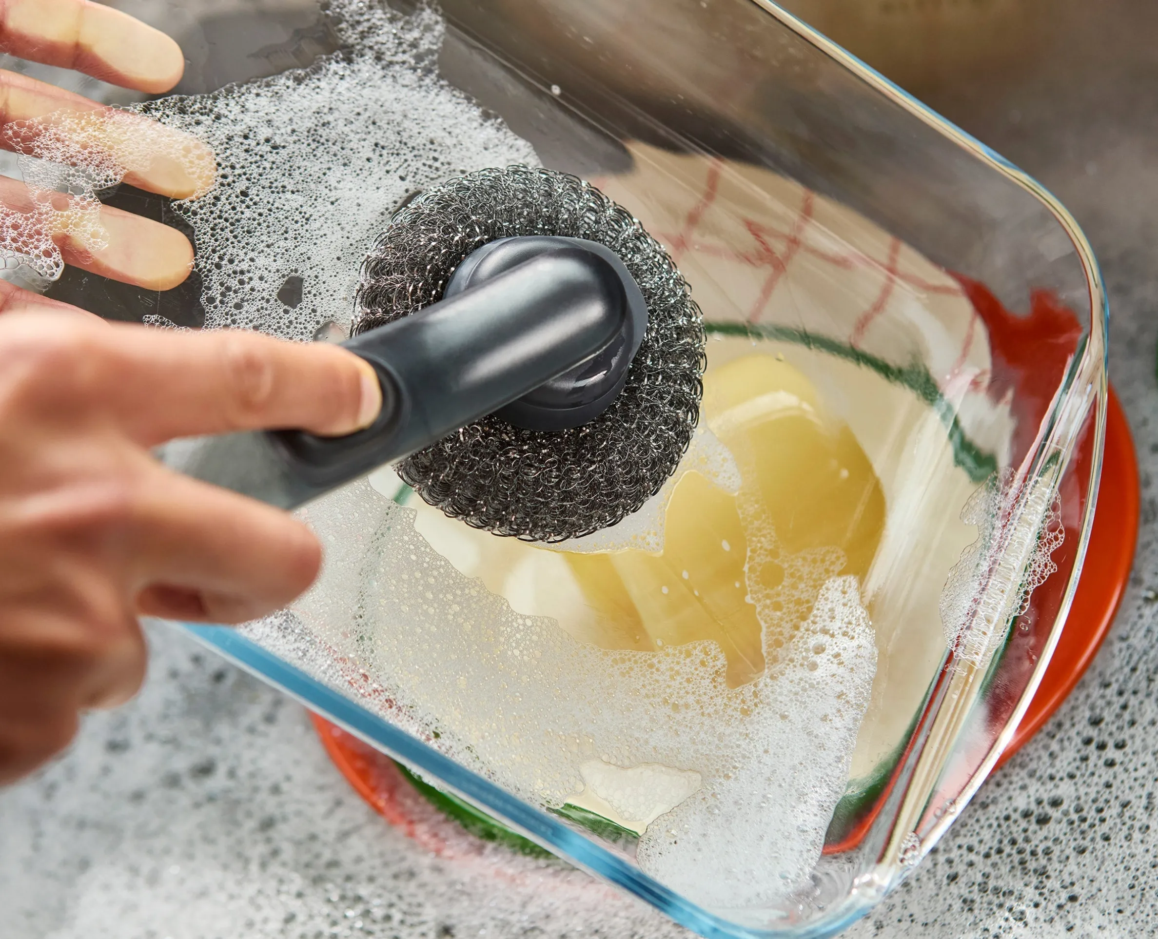 Brosse à Vaisselle et Distributeur de Savon avec Support Inox et 6 Têtes de Rechange