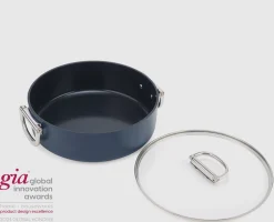 Casserole Space peu profonde antiadhésive en céramique 28 cm bleue avec poignée pliante et couvercle