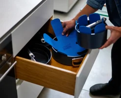 Ensemble bleu de casseroles Space antiadhésives en céramique 3 pièces poignée pliante