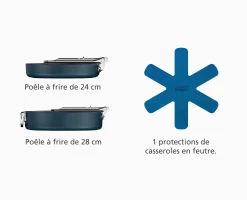 Ensemble bleu Space de poêles à frire antiadhésives en céramique poignée pliante 2 pièces