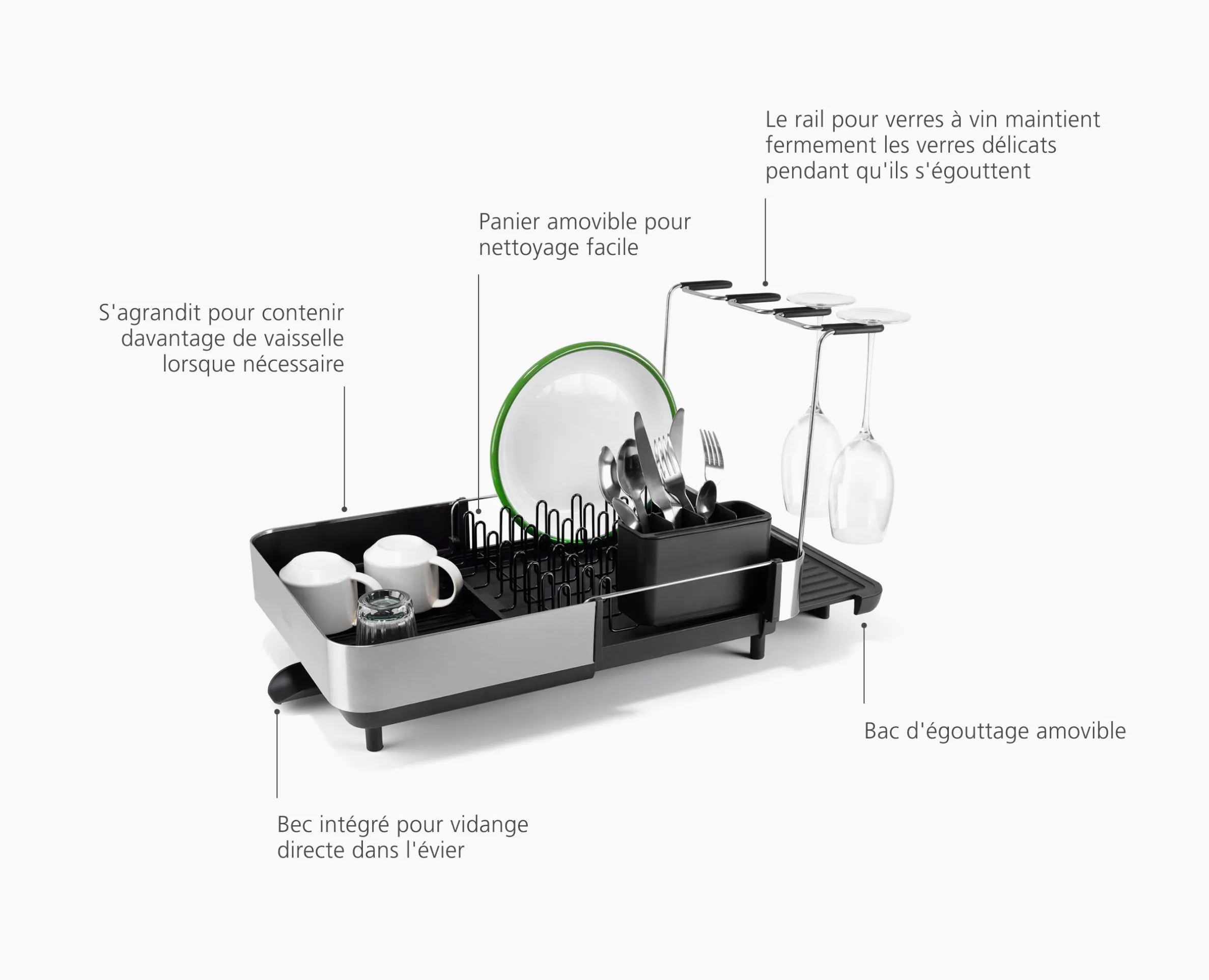 Égouttoir à Vaisselle et à Verres à Vin Noir Extend™ Steel Plus