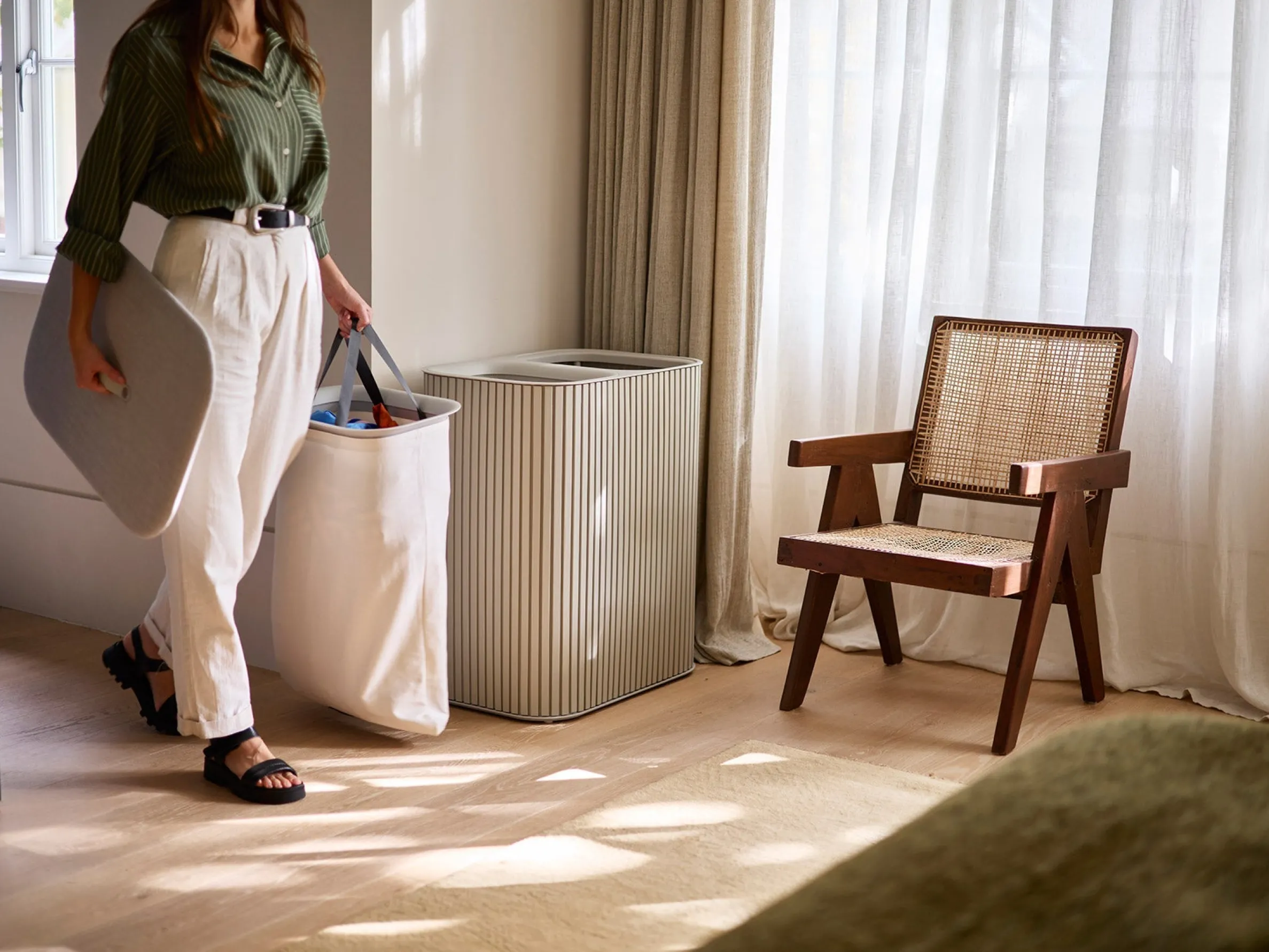 Panier à Linge Double Luxe Bambou Écru 90L Tota Twin Luxe