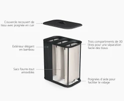 Panier à Linge Triple de Luxe Bambou Noir 90L Tota Trio Luxe