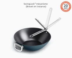 Wok Space antiadhésif en céramique 32 cm bleu poignée pliante